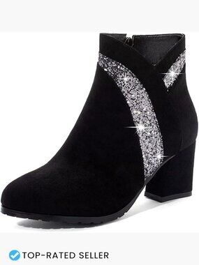 Glitter Chunky Heel Ankle Booties Side Zip Round Toe Dressy Short Boots